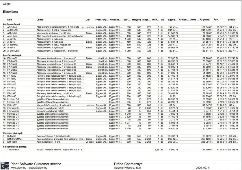 elemlista Piper automatikus árajánlat készítés